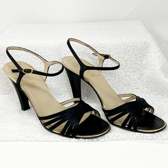 BRUNO MAGLI women black satin open toe evening shoes. - Picture 2 of 16